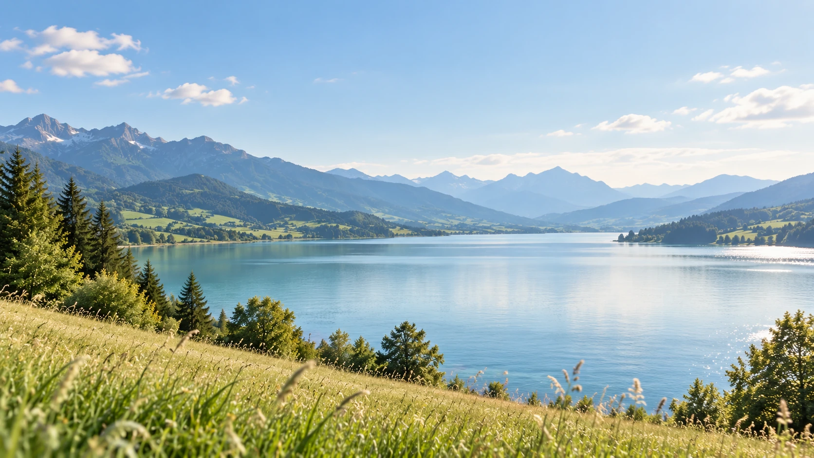 Eine sonnige Wiese öffnet den Blick auf einen ruhigen See und weite Hügel unter hellblauem Himmel.