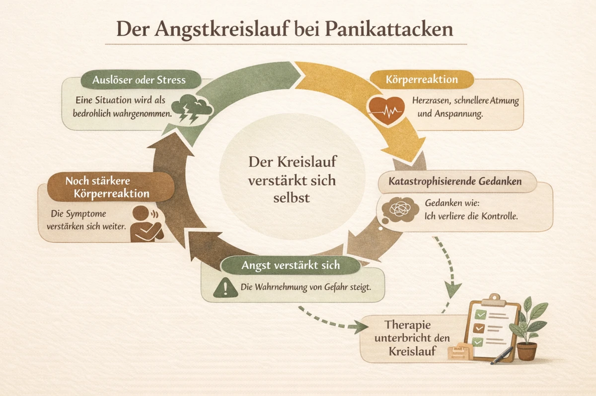 Infografik: Angstkreislauf bei Panikattacken – Darstellung des psychologischen Kreislaufs von Stress, Körperreaktion und verstärkter Angst