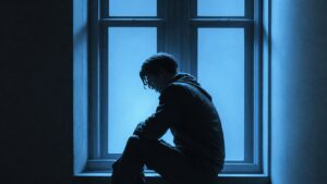 Person sitzt still am Fenster in einem dunklen Raum