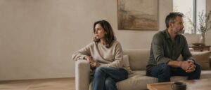 Hero-Bild für eine Psychotherapie-Website zum Thema Beziehungsfragen: Zwei Erwachsene mittleren Alters sitzen in einem ruhigen, neutralen Wohnraum mit spürbarer emotionaler Distanz auf einem Sofa. Die Szene vermittelt stille Spannung, Rückzug und den Wunsch nach Verbindung in warmen, gedeckten Naturtönen.