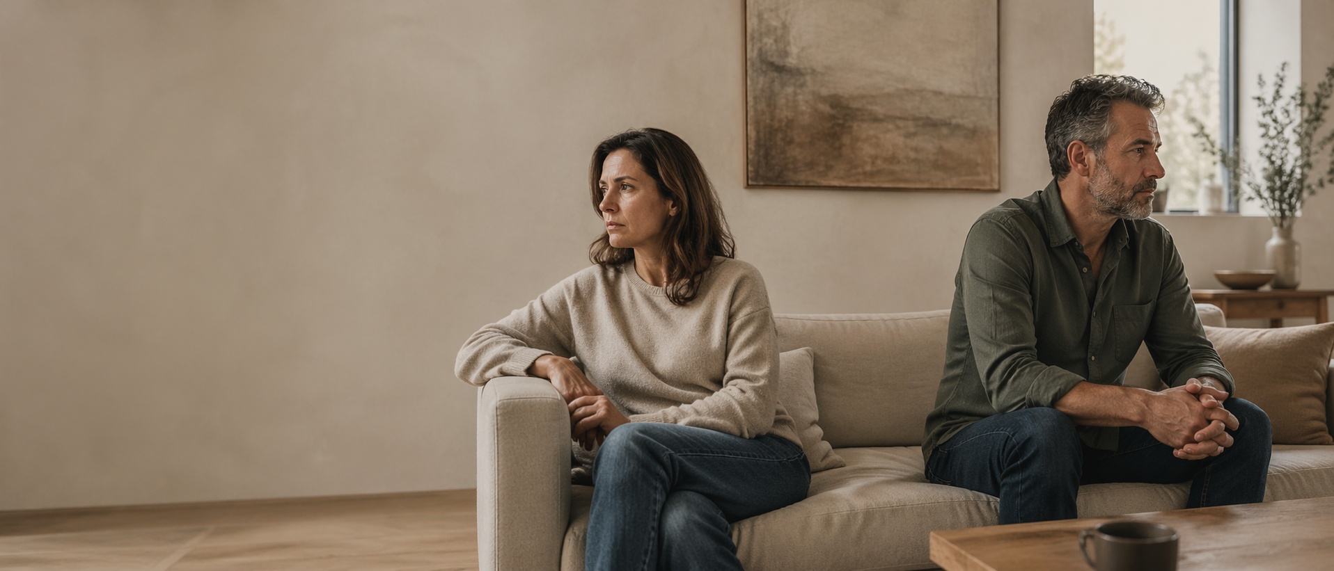 Hero-Bild für eine Psychotherapie-Website zum Thema Beziehungsfragen: Zwei Erwachsene mittleren Alters sitzen in einem ruhigen, neutralen Wohnraum mit spürbarer emotionaler Distanz auf einem Sofa. Die Szene vermittelt stille Spannung, Rückzug und den Wunsch nach Verbindung in warmen, gedeckten Naturtönen.