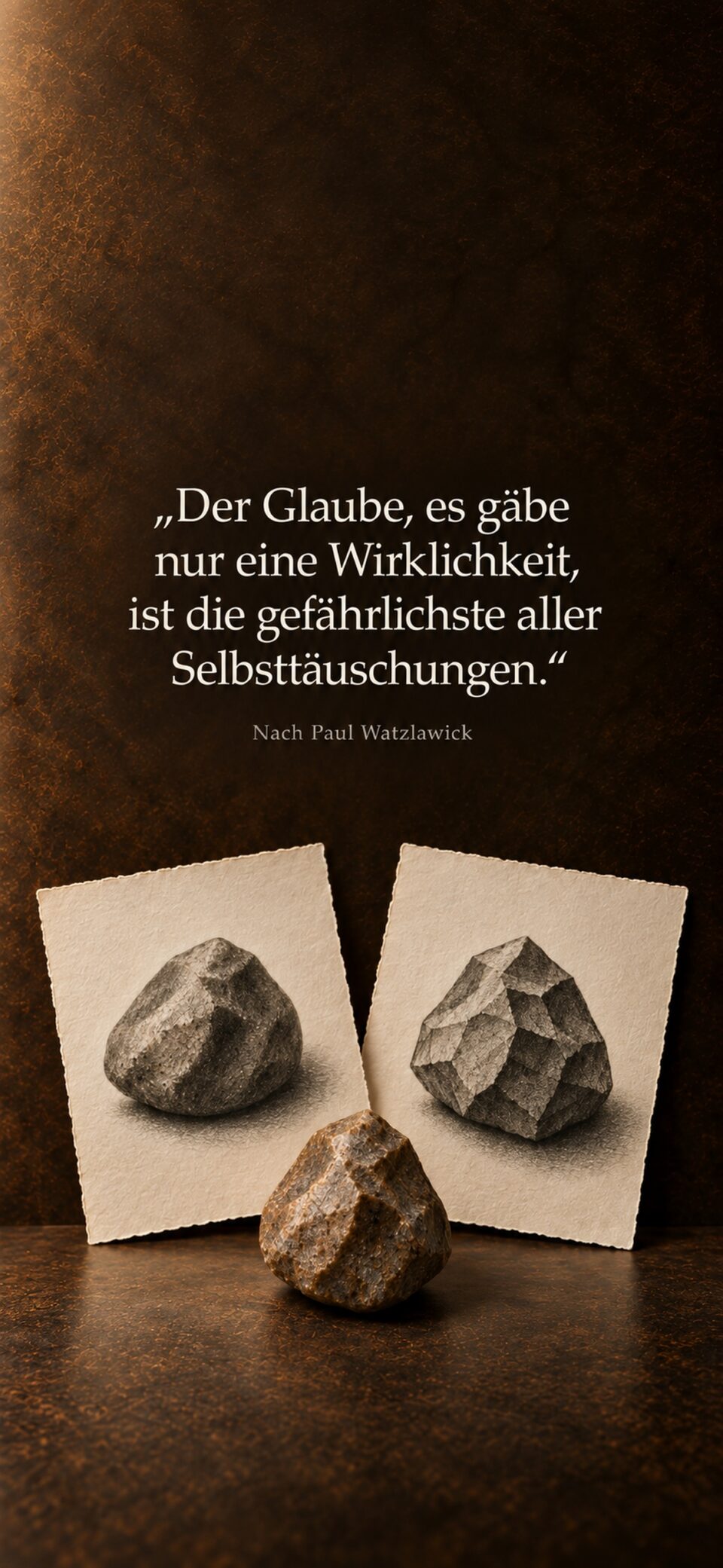 Auf einem dunklen Holztisch liegt ein heller Naturstein zwischen zwei cremefarbenen Blättern; beide zeigen unterschiedliche Kohlezeichnungen des Steins.