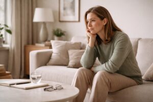 Hero-Bild für einen Psychotherapie-Artikel über depressives Grübeln: Eine erwachsene Person sitzt in einem ruhigen, warmen Wohnraum nachdenklich und innerlich zurückgezogen; die Komposition vermittelt Stillstand, kreisende Gedanken und innere Schwere ohne dramatische Inszenierung.