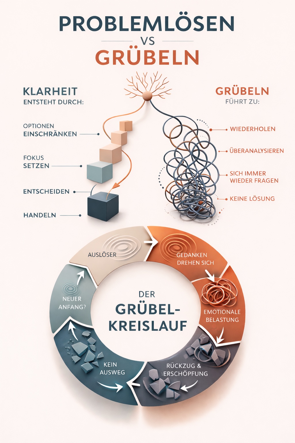 Infografik Problemlösen vs Grübeln – strukturierter Lösungsweg, Gedankenschleifen und visualisierter Grübelkreislauf