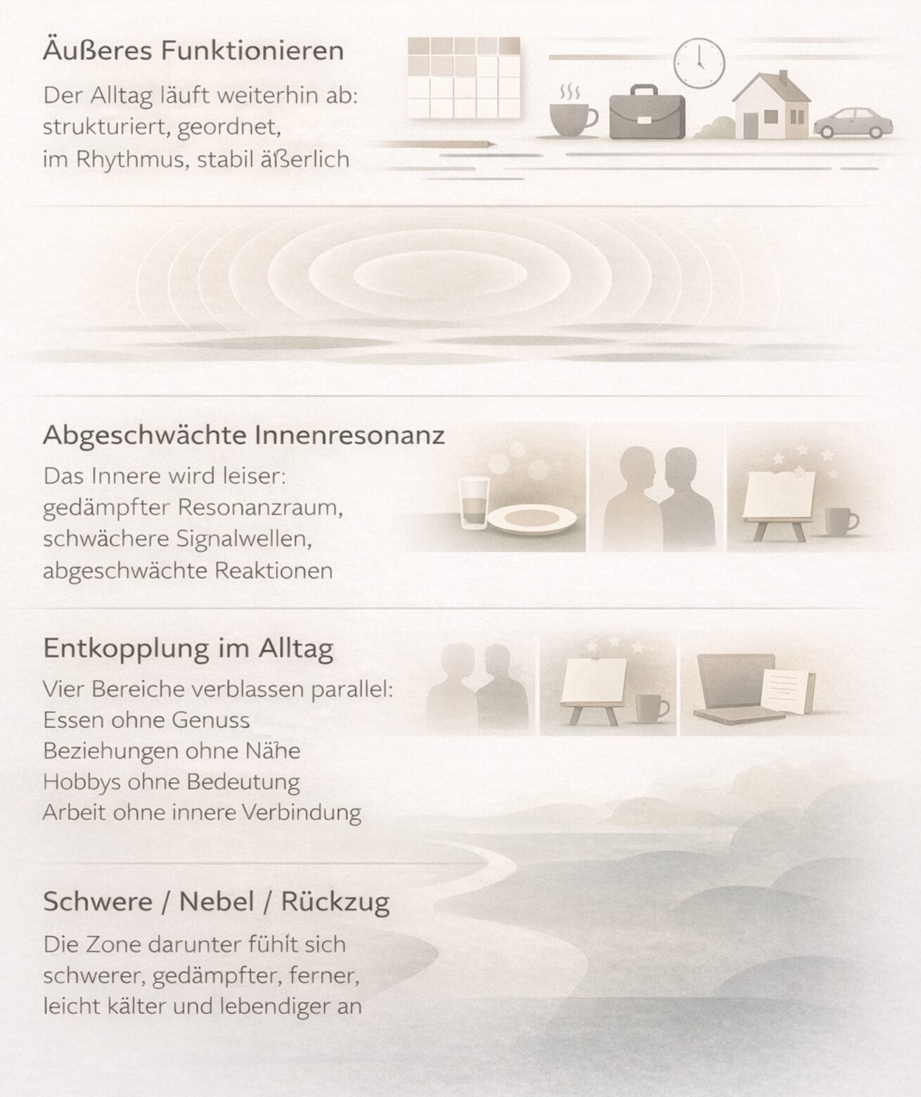 Infografik zu innerer Leere: emotionale Abstumpfung und Entkopplung statt dramatischer Traurigkeit. Die Grafik zeigt äußeres Funktionieren, abgeschwächte Innenresonanz, Entkopplung im Alltag sowie Schwere, Nebel und Rückzug in ruhigen neutralen Farbtönen