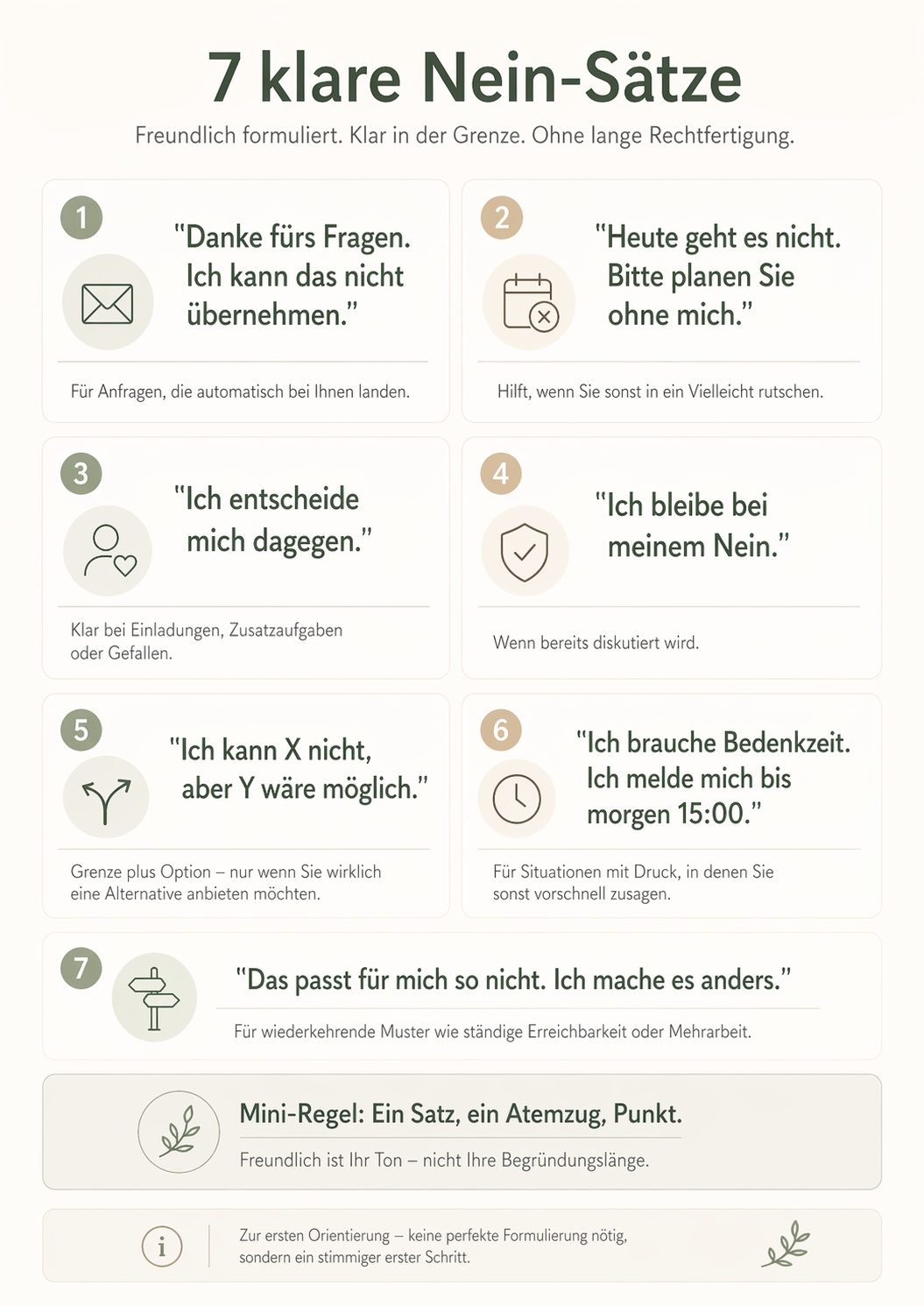 Infografik mit 7 klaren Nein-Sätzen, um freundlich und ohne Schuldgefühle Grenzen zu setzen.