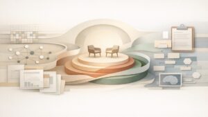 Abstrakte Infografik mit drei Formen psychischer Unterstützung: analytische Psychologie, psychotherapeutischer Prozess und psychiatrische medizinische Abklärung, dargestellt durch strukturierte Diagramme und ruhige Gesprächssituation.
