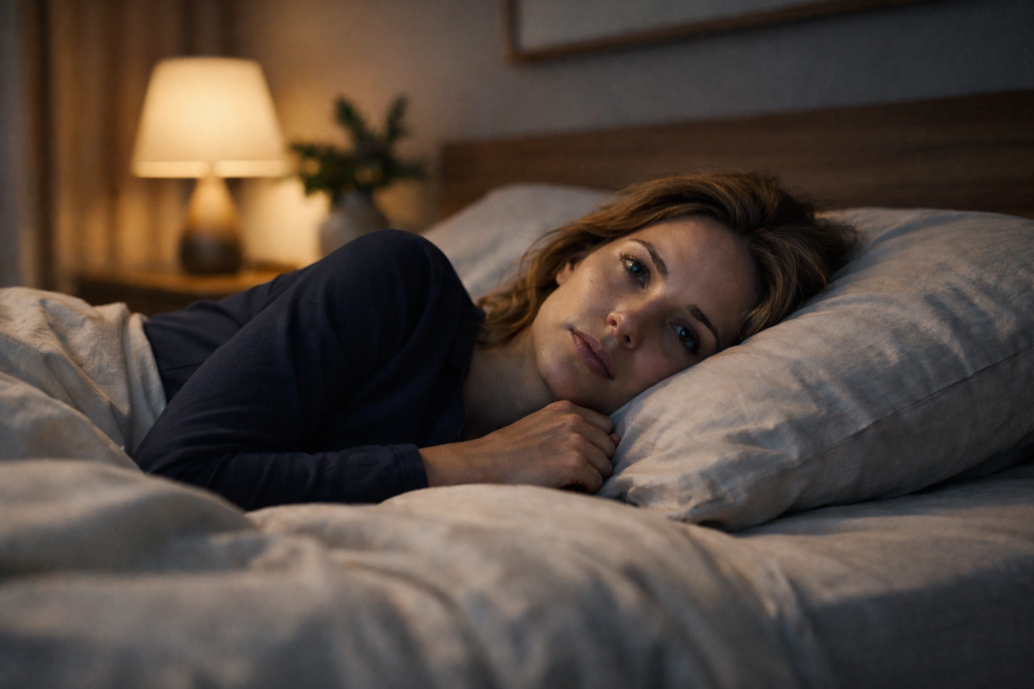 Person liegt wach im Bett und kann wegen Gedanken nicht abschalten